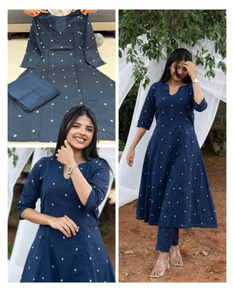 Stylish Blue South Cotton Kurta Set with Elegant Jacquard Work for Summer Wear Cotton Kurtis Wholesale