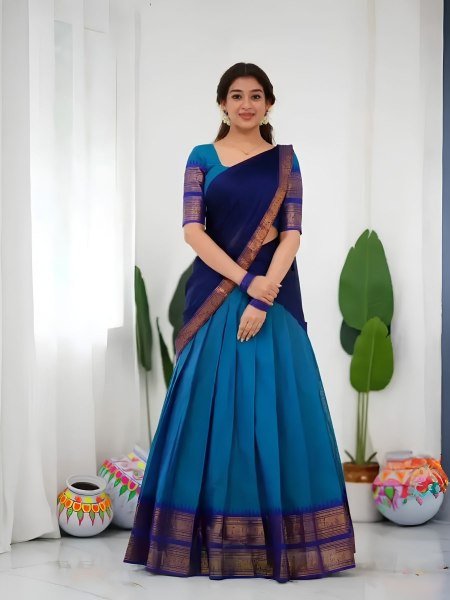 Stylish Blue Women's Kanjivaram Silk Half Saree with Banarasi Silk Dupatta For Festival   Lehenga