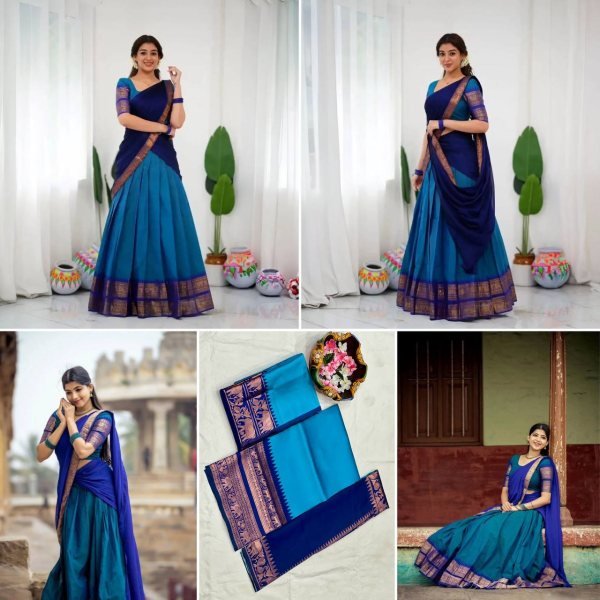 Stylish Blue Women's Kanjivaram Silk Half Saree with Banarasi Silk Dupatta For Festival  Half Saree Lehenga