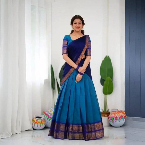 Stylish Blue Women's Kanjivaram Silk Half Saree with Banarasi Silk Dupatta For Festival  Half Saree Lehenga