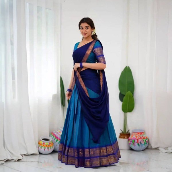 Stylish Blue Women's Kanjivaram Silk Half Saree with Banarasi Silk Dupatta For Festival  Half Saree Lehenga