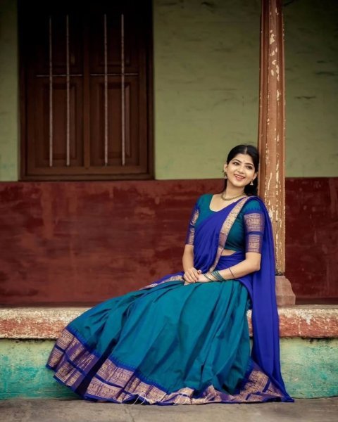 Stylish Blue Women's Kanjivaram Silk Half Saree with Banarasi Silk Dupatta For Festival  Half Saree Lehenga