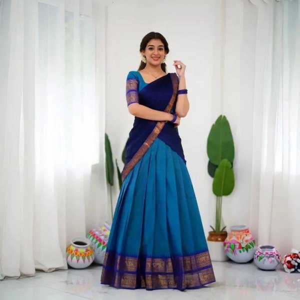 Stylish Blue Women's Kanjivaram Silk Half Saree with Banarasi Silk Dupatta For Festival  Half Saree Lehenga