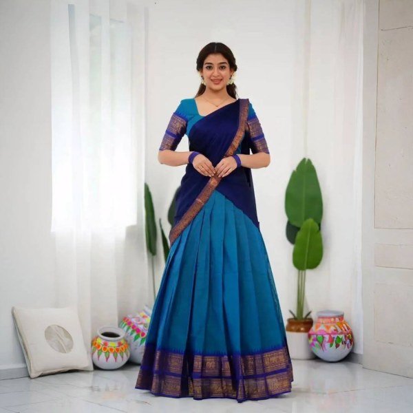 Stylish Blue Women's Kanjivaram Silk Half Saree with Banarasi Silk Dupatta For Festival  Half Saree Lehenga