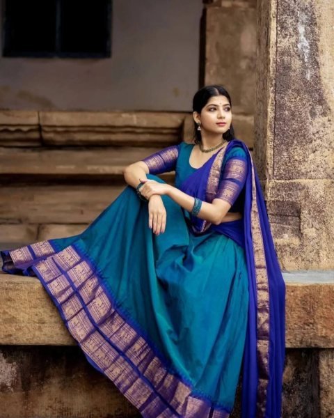 Stylish Blue Women's Kanjivaram Silk Half Saree with Banarasi Silk Dupatta For Festival  Half Saree Lehenga