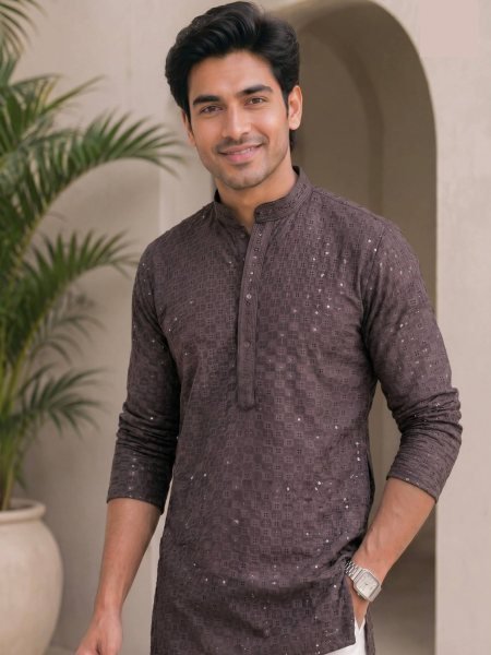 Stylish Brown Designer Men Chikan Work Kurta for Festive and Casual Occasions 