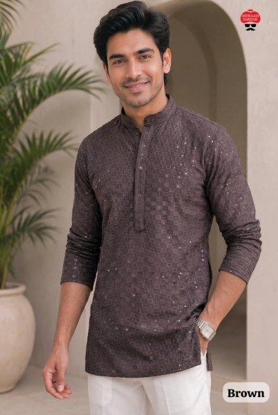 Stylish Brown Designer Men Chikan Work Kurta for Festive and Casual Occasions Mens Short Kurta
