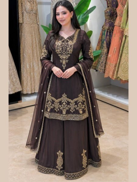 Stylish Brown Natural Crepe Silk Palazzo Suit with Embroidery Sequence Work Ready To Wear Suit