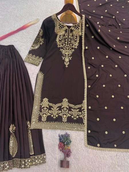Stylish Brown Natural Crepe Silk Palazzo Suit with Embroidery Sequence Work Ready To Wear Collection