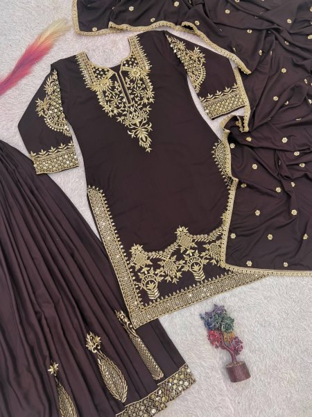 Stylish Brown Natural Crepe Silk Palazzo Suit with Embroidery Sequence Work Ready To Wear Collection