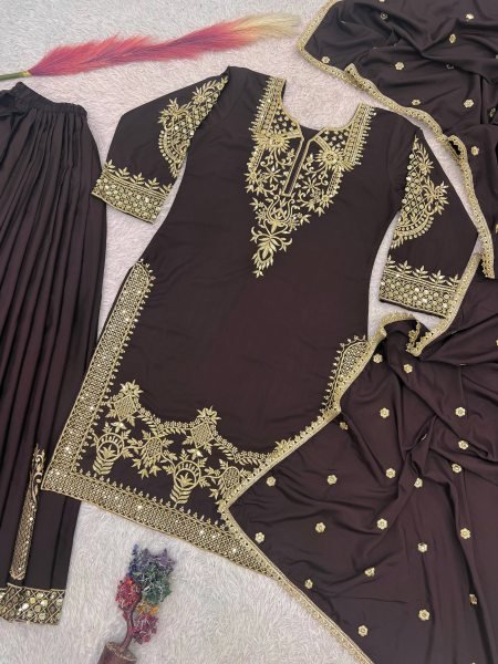 Stylish Brown Natural Crepe Silk Palazzo Suit with Embroidery Sequence Work Ready To Wear Collection
