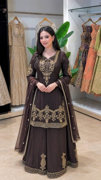 Stylish Brown Natural Crepe Silk Palazzo Suit with Embroidery Sequence Work Ready To Wear Collection