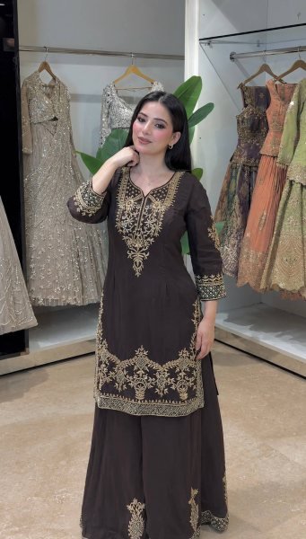 Stylish Brown Natural Crepe Silk Palazzo Suit with Embroidery Sequence Work Ready To Wear Collection