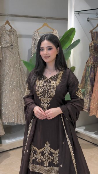 Stylish Brown Natural Crepe Silk Palazzo Suit with Embroidery Sequence Work Ready To Wear Collection