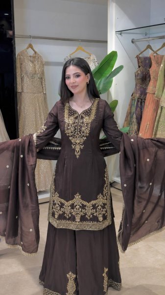 Stylish Brown Natural Crepe Silk Palazzo Suit with Embroidery Sequence Work Ready To Wear Collection