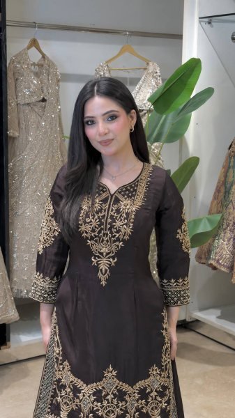 Stylish Brown Natural Crepe Silk Palazzo Suit with Embroidery Sequence Work Ready To Wear Collection