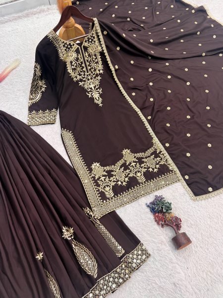 Stylish Brown Natural Crepe Silk Palazzo Suit with Embroidery Sequence Work Ready To Wear Collection