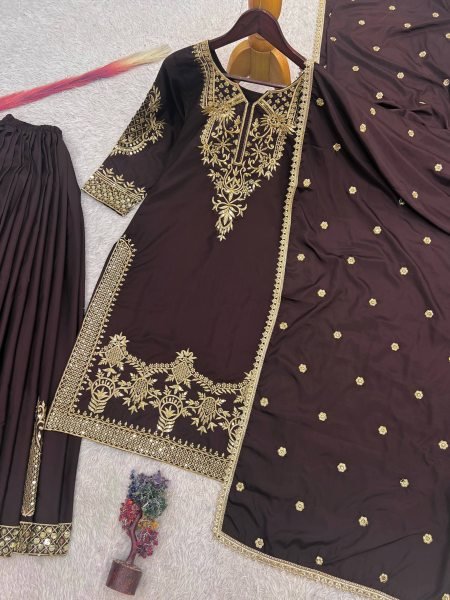 Stylish Brown Natural Crepe Silk Palazzo Suit with Embroidery Sequence Work Ready To Wear Collection