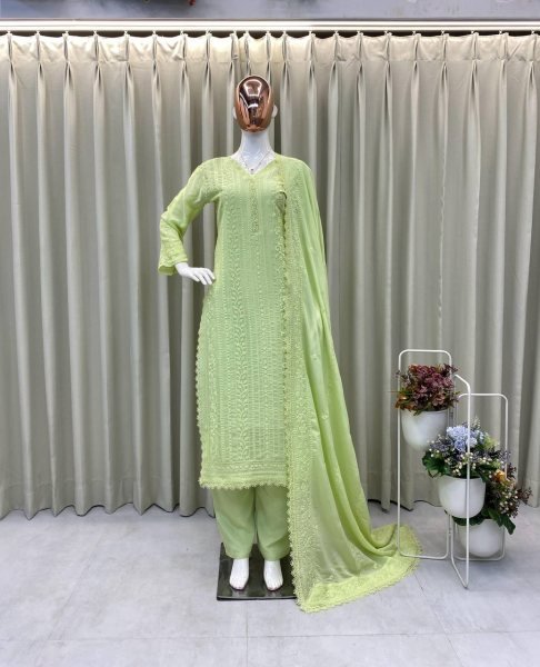 Stylish Chinon Kurta Set with Cotton Thread Embroidery  Plazo    Dupatta Elegant Daily    Occasion Wear for Women Lucknowi Chikankari Kurtis Wholesale