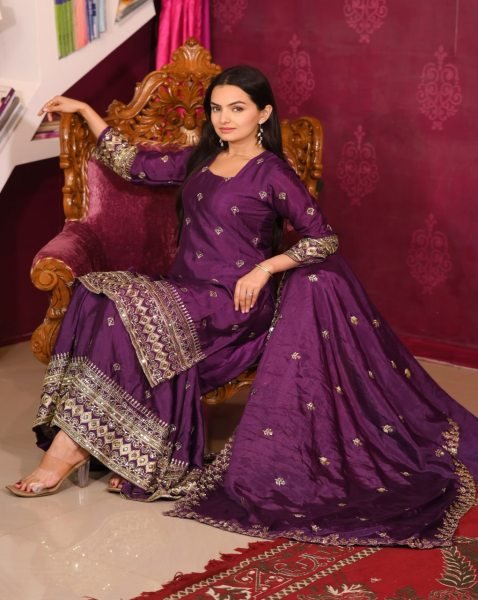 Stylish Chinon Sharara Suit with Embroidery and Sequence Work  Fully Stitched with Sharara Bottom and Matching Dupatta Ready To Wear Collection