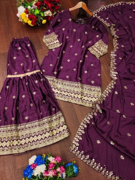 Stylish Chinon Sharara Suit with Embroidery and Sequence Work  Fully Stitched with Sharara Bottom and Matching Dupatta Ready To Wear Collection