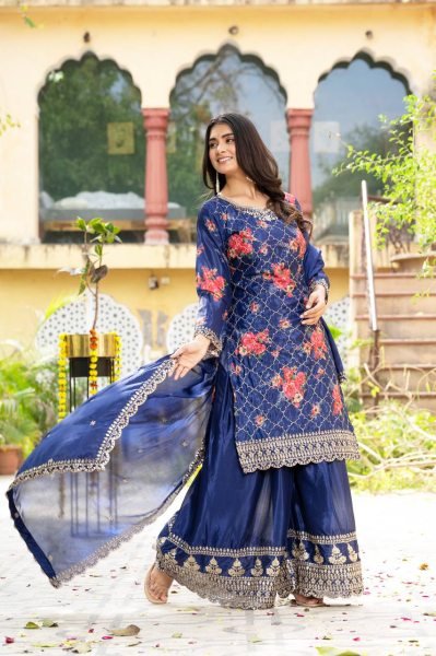 Stylish Chinon Silk Kurti with Digital Print  Embroidery  and Sequin Work     Complete Set with Plazo and Dupatta  Ready To Wear Collection