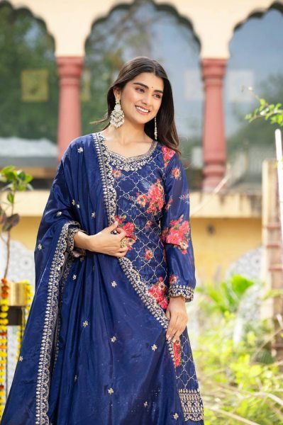 Stylish Chinon Silk Kurti with Digital Print  Embroidery  and Sequin Work     Complete Set with Plazo and Dupatta  Ready To Wear Collection