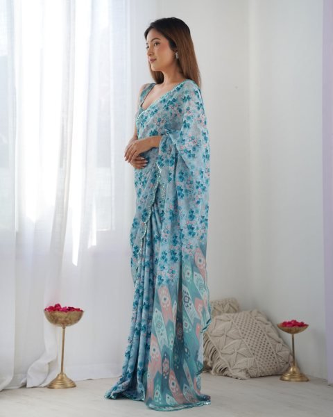 Stylish Chinon Sky Blue Saree with Mirror Lace & Blouse Piece Exclusive Wholesale Collection India Designer Wedding Sarees Wholesale
