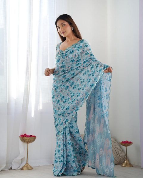Stylish Chinon Sky Blue Saree with Mirror Lace & Blouse Piece Exclusive Wholesale Collection India Designer Wedding Sarees Wholesale