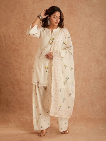 Stylish Cream Ethnic Suit Set with Multi Needle Embroidery Work For Office Wear Ready To Wear Suit
