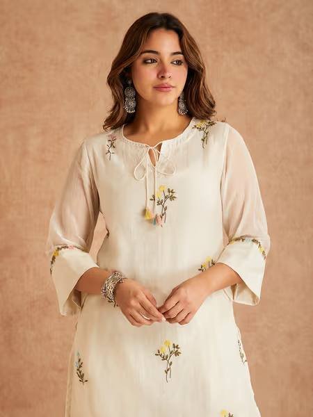 Stylish Cream Ethnic Suit Set with Multi Needle Embroidery Work For Office Wear Ready To Wear Collection