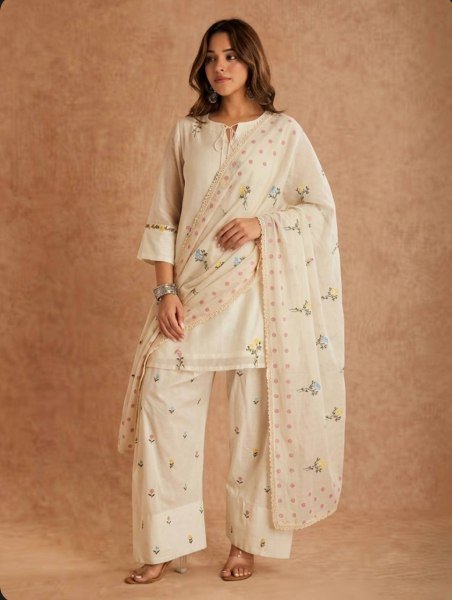 Stylish Cream Ethnic Suit Set with Multi Needle Embroidery Work For Office Wear Ready To Wear Collection