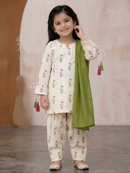 Stylish Cream Green Girls and Women Matching Farshi Salwar Suit Combo for Festive Wear Kurtis