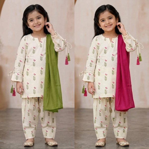 Stylish Cream Green Girls and Women Matching Farshi Salwar Suit Combo for Festive Wear Girls Wear