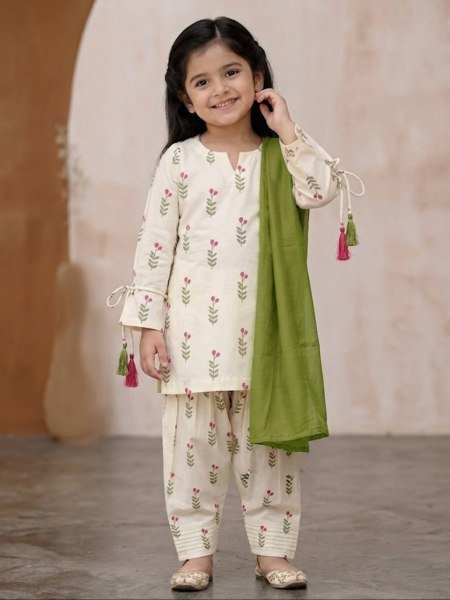Stylish Cream Green Girls and Women Matching Farshi Salwar Suit Combo for Festive Wear Girls Wear