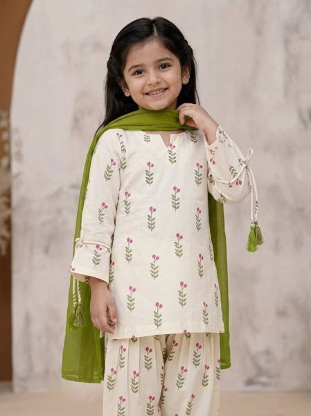 Stylish Cream Green Girls and Women Matching Farshi Salwar Suit Combo for Festive Wear Girls Wear
