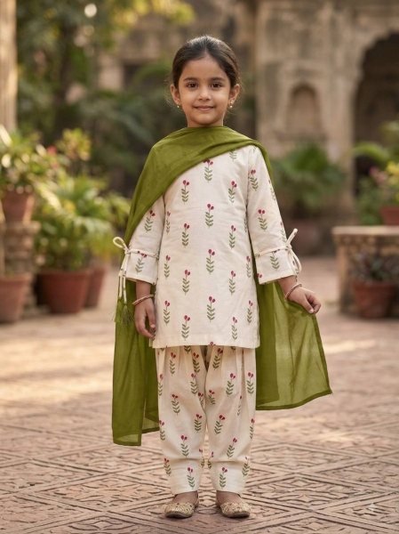Stylish Cream Green Girls and Women Matching Farshi Salwar Suit Combo for Festive Wear Girls Wear