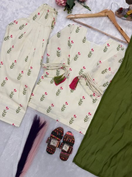 Stylish Cream Green Girls and Women Matching Farshi Salwar Suit Combo for Festive Wear Girls Wear
