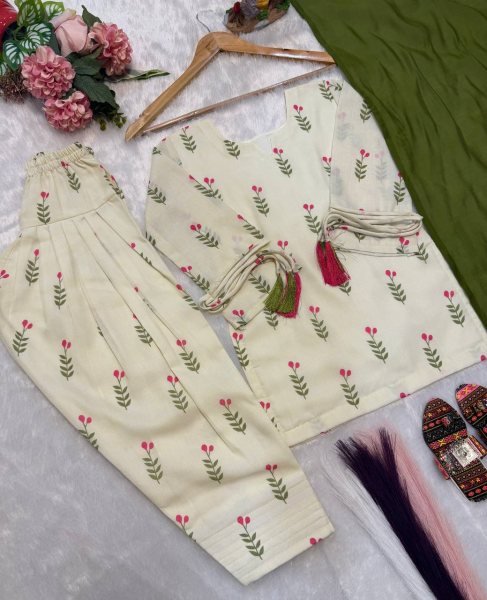 Stylish Cream Green Girls and Women Matching Farshi Salwar Suit Combo for Festive Wear Girls Wear