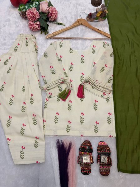 Stylish Cream Green Girls and Women Matching Farshi Salwar Suit Combo for Festive Wear Girls Wear