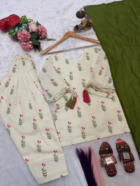Stylish Cream Green Girls and Women Matching Farshi Salwar Suit Combo for Festive Wear Girls Wear