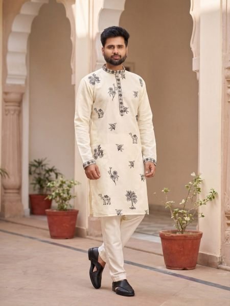 Stylish Cream Men Festive Wear Embroidered Kurta with Cotton Pyjama at Manufacturer  