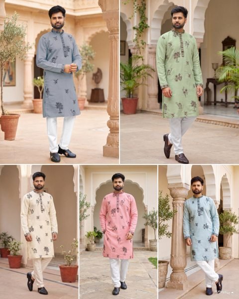 Stylish Cream Men Festive Wear Embroidered Kurta with Cotton Pyjama at Manufacturer  Kurta Pajama Wholesale