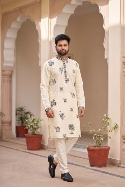 Stylish Cream Men Festive Wear Embroidered Kurta with Cotton Pyjama at Manufacturer  Kurta Pajama Wholesale