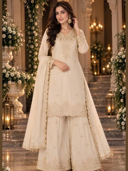 Stylish Cream Party Wear Heavy Chinon Plazo Suit with Embroidered Dupatta Salwar Kameez