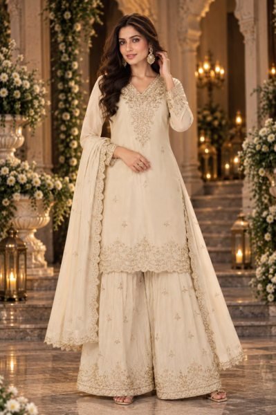 Stylish Cream Party Wear Heavy Chinon Plazo Suit with Embroidered Dupatta Designer Plazzo Salwar Suits Wholesale