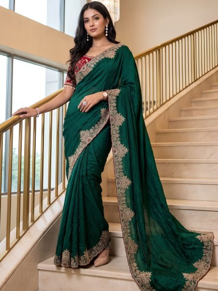 Stylish Dark Green Fendy Satin Saree with Flower Embroidered Pallu and Katori Blouse 