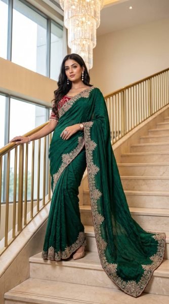 Stylish Dark Green Fendy Satin Saree with Flower Embroidered Pallu and Katori Blouse Embroidery Sarees Wholesale