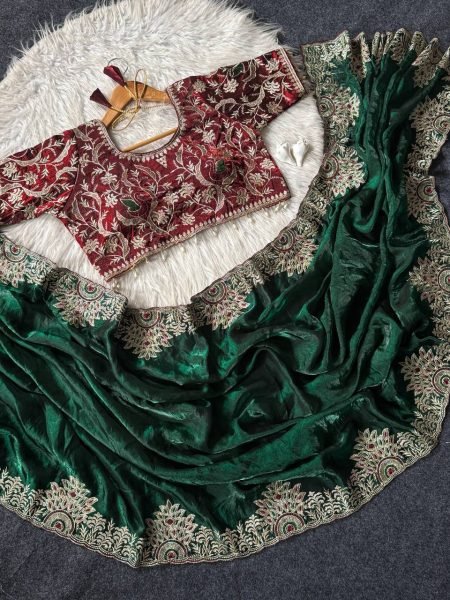 Stylish Dark Green Fendy Satin Saree with Flower Embroidered Pallu and Katori Blouse Embroidery Sarees Wholesale