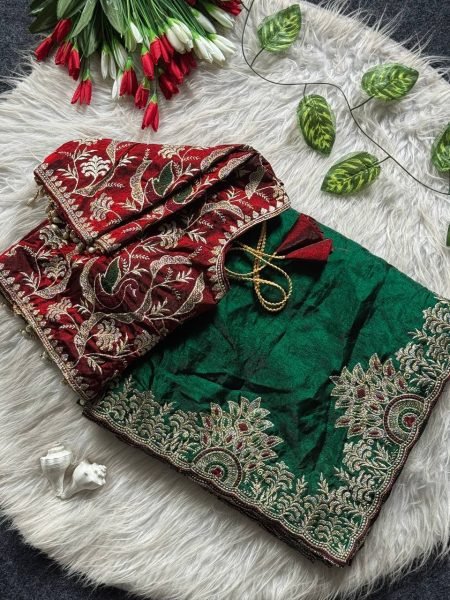 Stylish Dark Green Fendy Satin Saree with Flower Embroidered Pallu and Katori Blouse Embroidery Sarees Wholesale